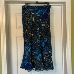 Chicos - silk A-line midi skirt - blues, purple, green & brown design - size 8